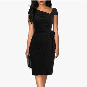 NWT Women's Black Retro Cap Sleeve Ruched Wrap Knee-Length Dress